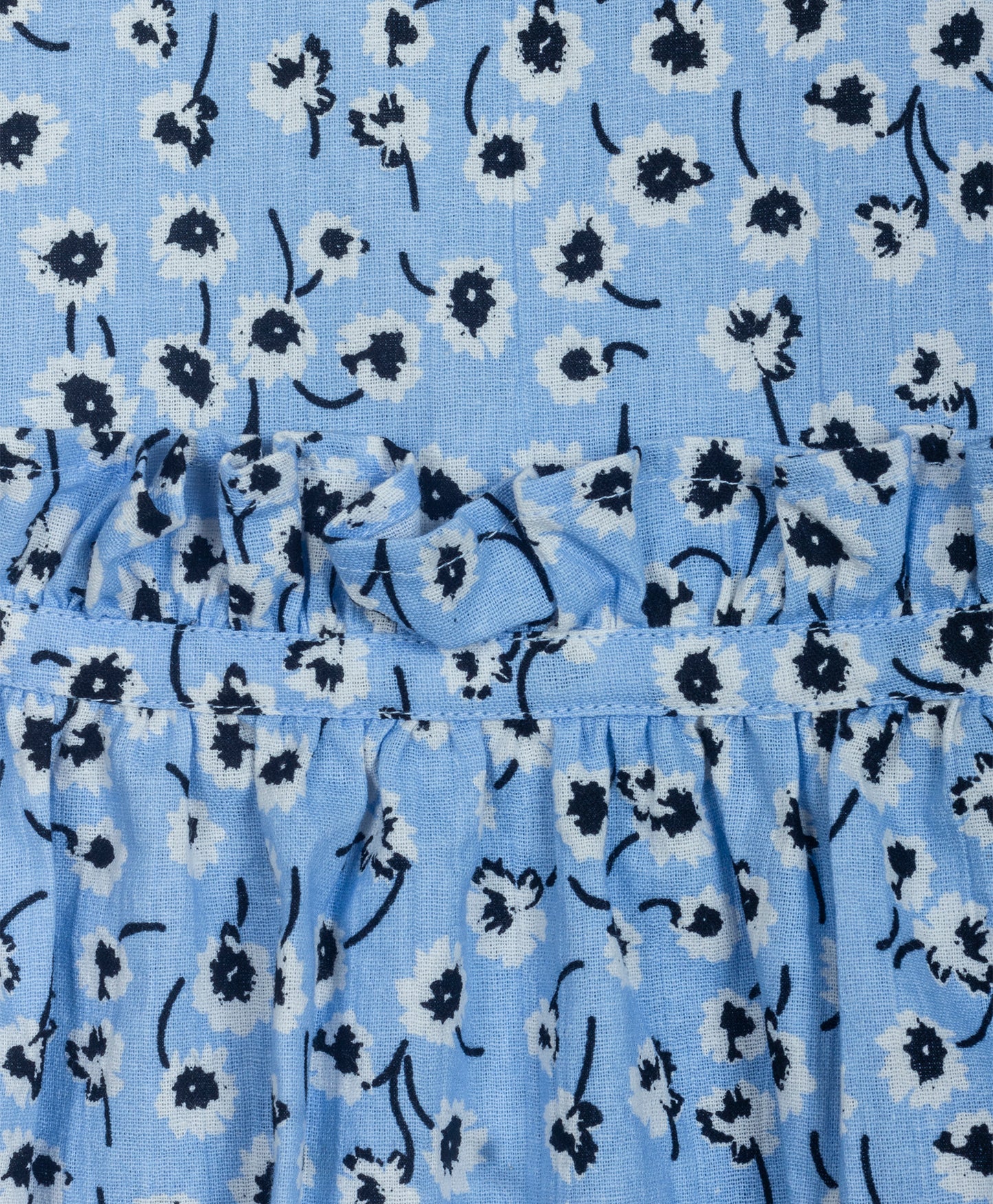 BLUE DITSY FLORAL PRINT DRESS WITH PLEATS AT FRONT WAIST