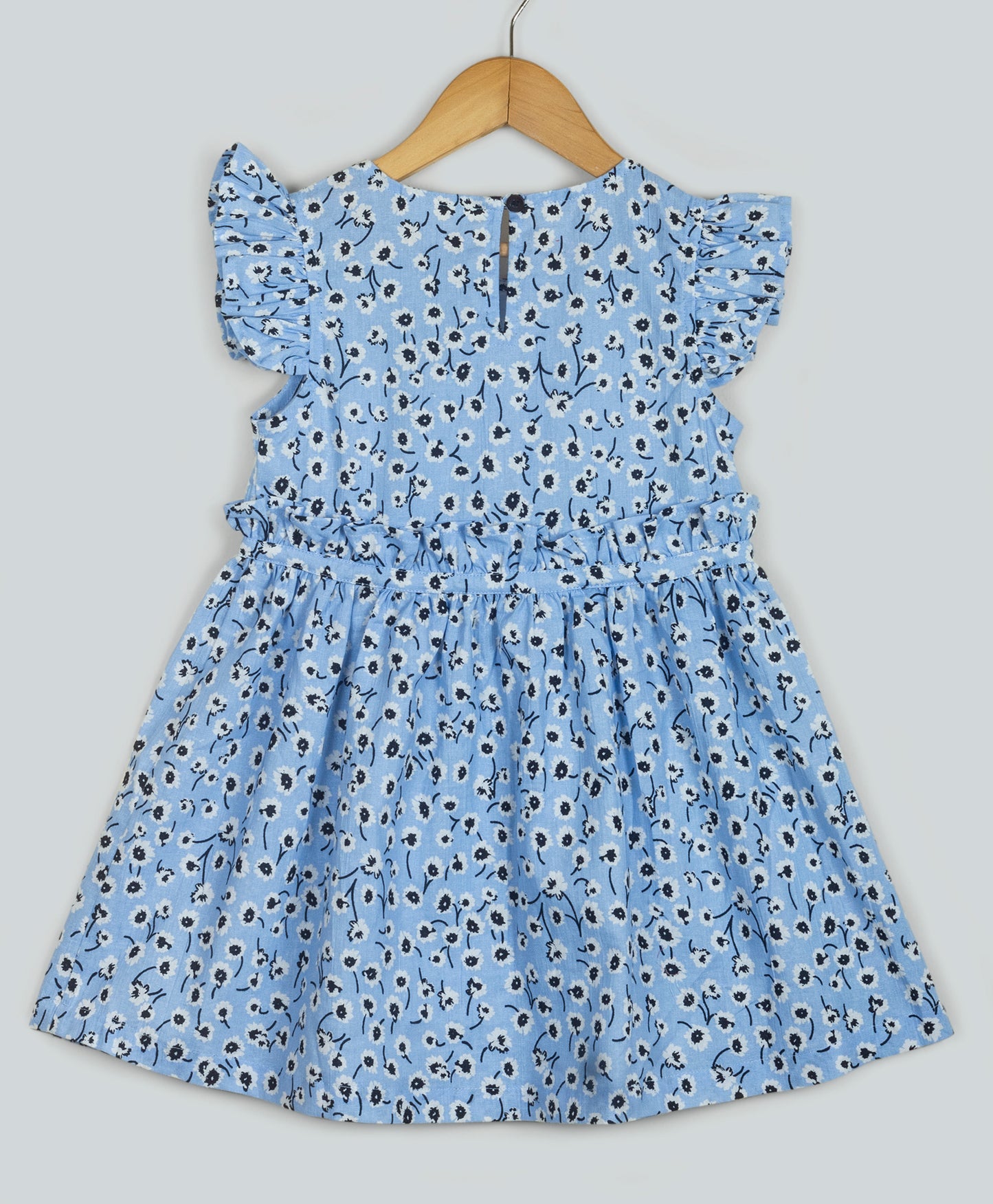 BLUE DITSY FLORAL PRINT DRESS WITH PLEATS AT FRONT WAIST