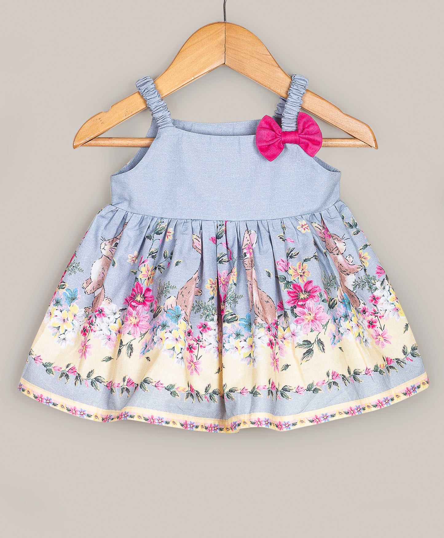 BLUE BORDER FLOWER PRINT TOP WITH BOW AT STRAP AND SOLID PINK SHORTS