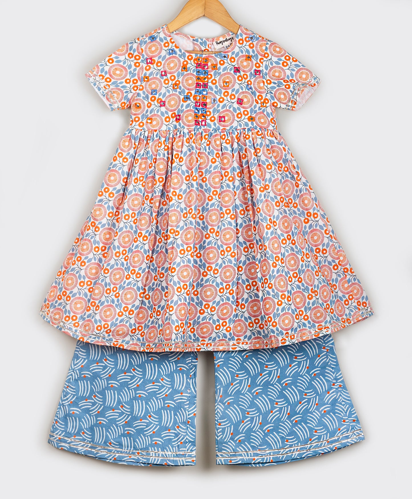 ORANGE BLUE FLORAL PRINT KURTA SET WITH MIRROR AND THREAD WORK ON THE YOKE