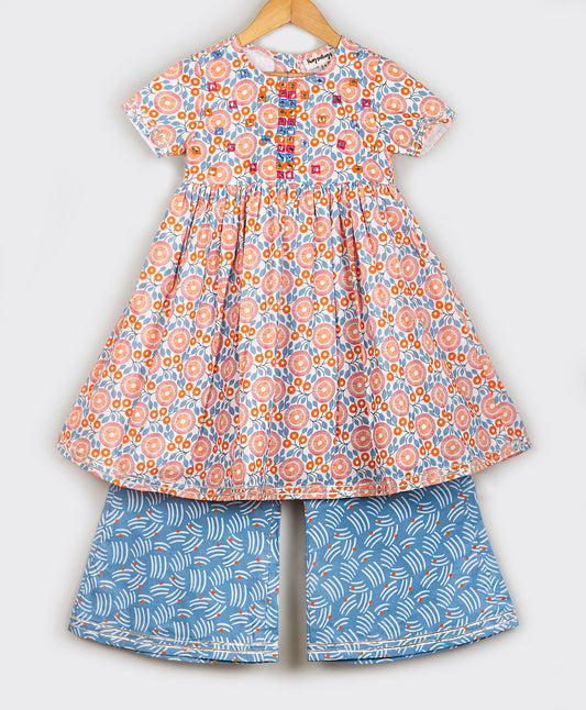 ORANGE BLUE FLORAL PRINT KURTA SET WITH MIRROR AND THREAD WORK ON THE YOKE