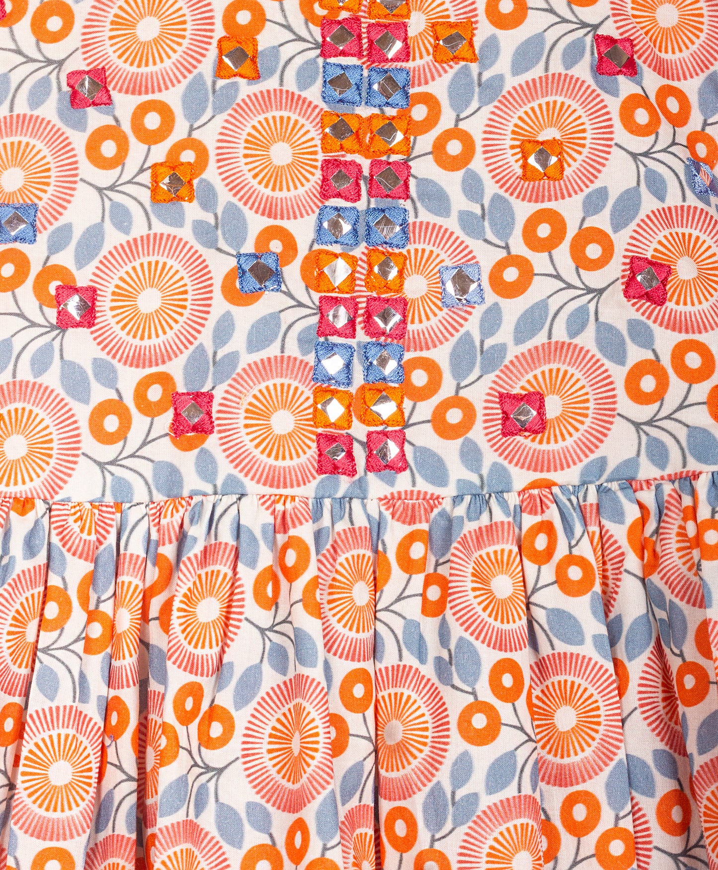 ORANGE BLUE FLORAL PRINT KURTA SET WITH MIRROR AND THREAD WORK ON THE YOKE