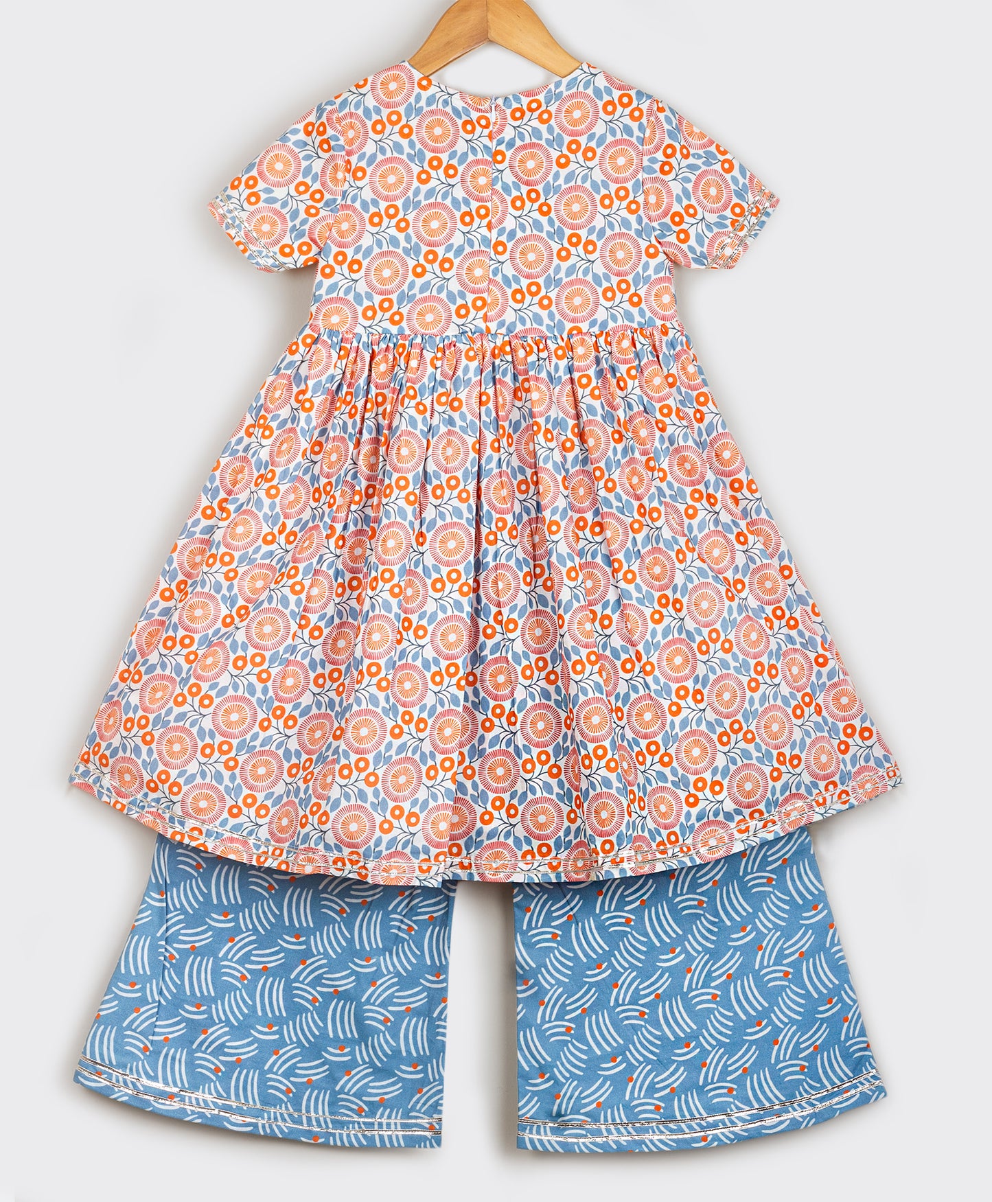 ORANGE BLUE FLORAL PRINT KURTA SET WITH MIRROR AND THREAD WORK ON THE YOKE