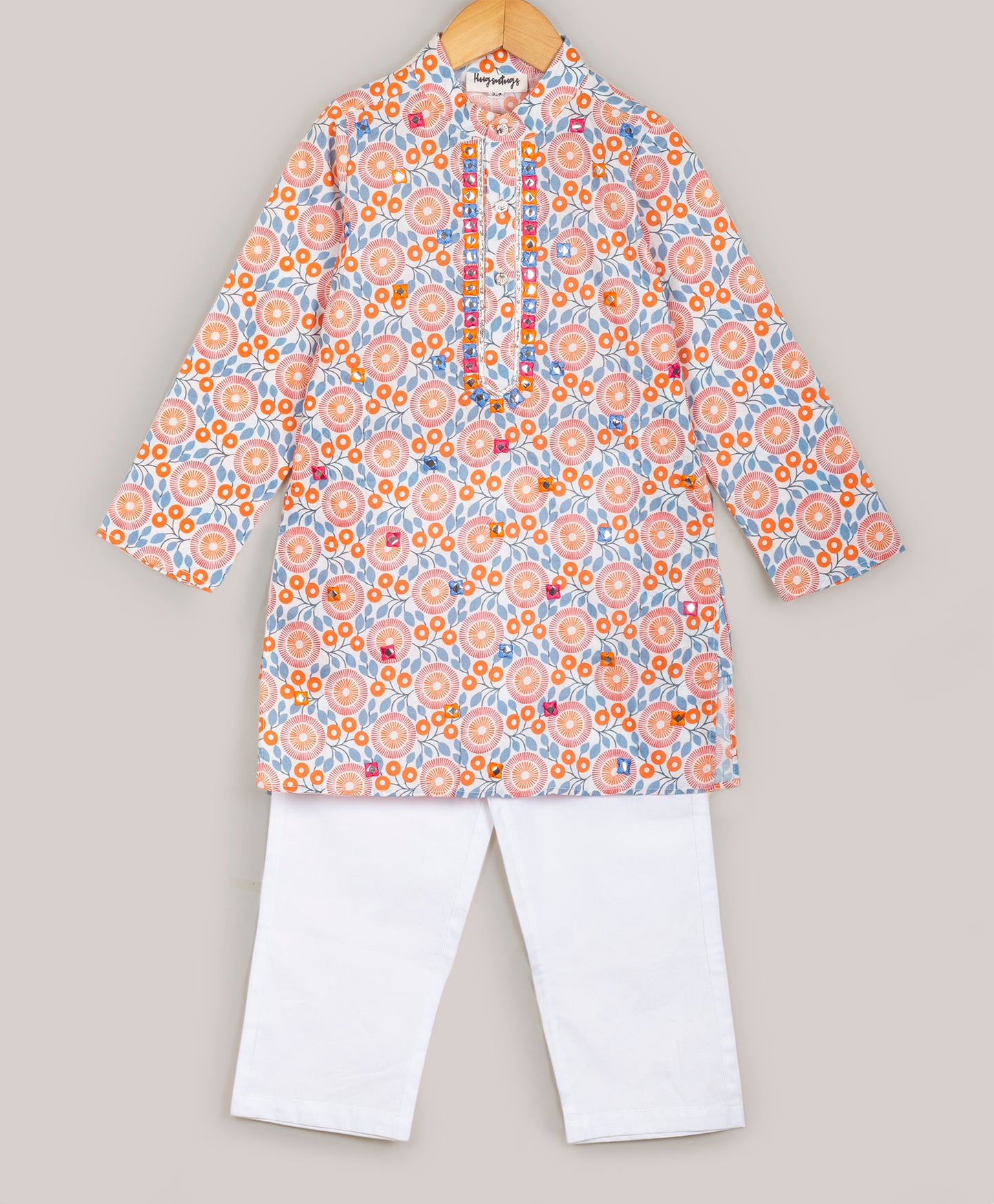 FLORAL PRINT KURTA SET WITH MIRROR WORK AT NECK