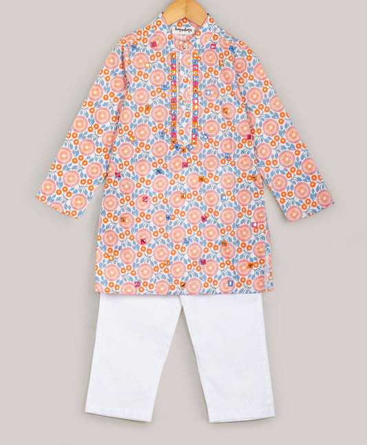 FLORAL PRINT KURTA SET WITH MIRROR WORK AT NECK