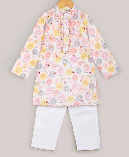 PINK AND YELLOW FLOWER PRINT KURTA SET