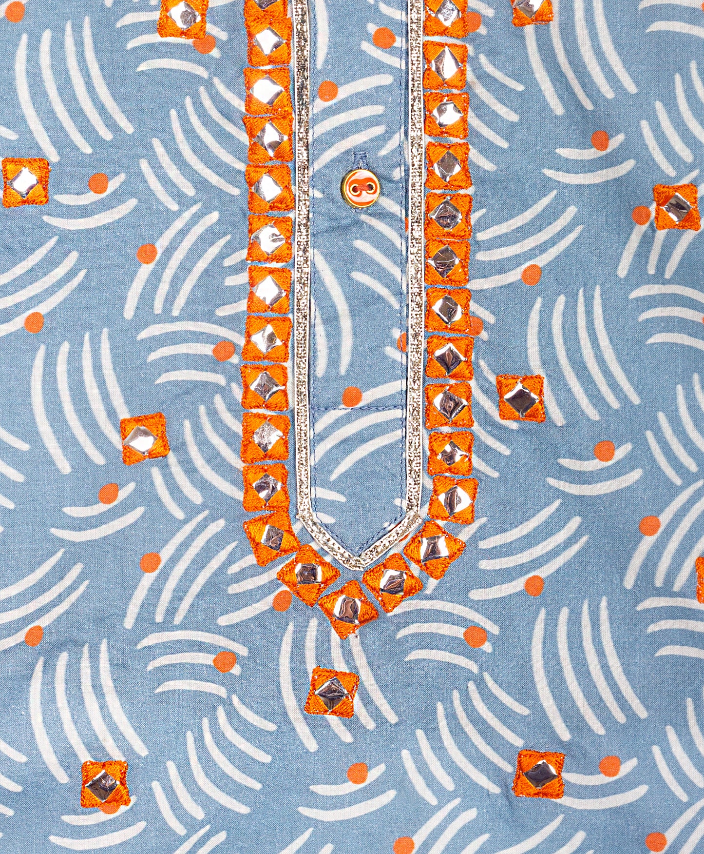 BLUE ABSTRACT PRINT KURTA WITH CONTRAST MIRROR WORK