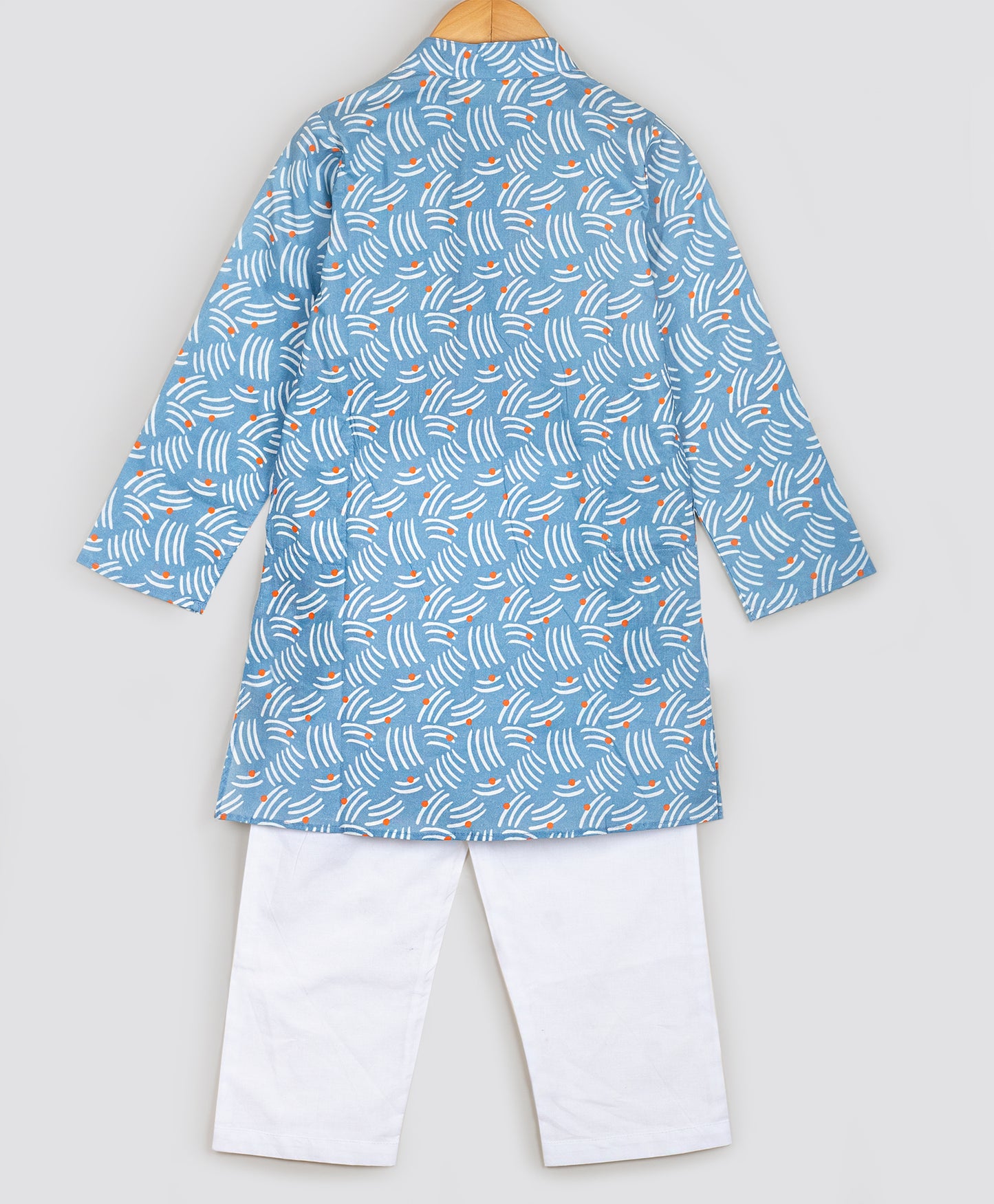BLUE ABSTRACT PRINT KURTA WITH CONTRAST MIRROR WORK
