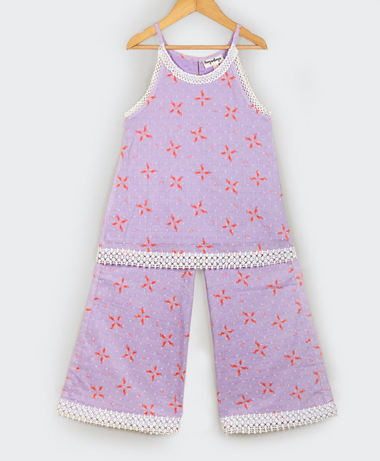 LILAC KURTA SET  WITH CONTRAST LACE AND MATCHING PANTS