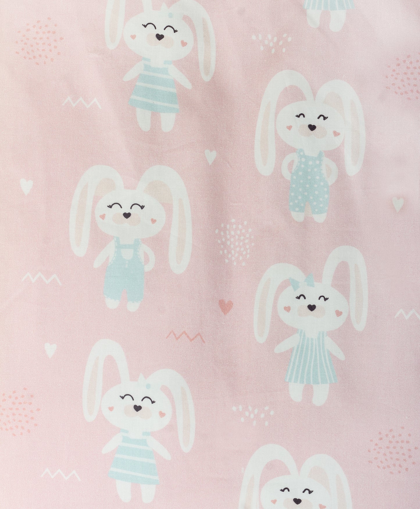 pink bunny print AC quilt with blue chevron lining prnt