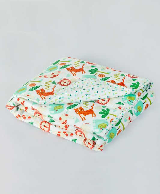 jungle print AC quilt with confetti print lining print