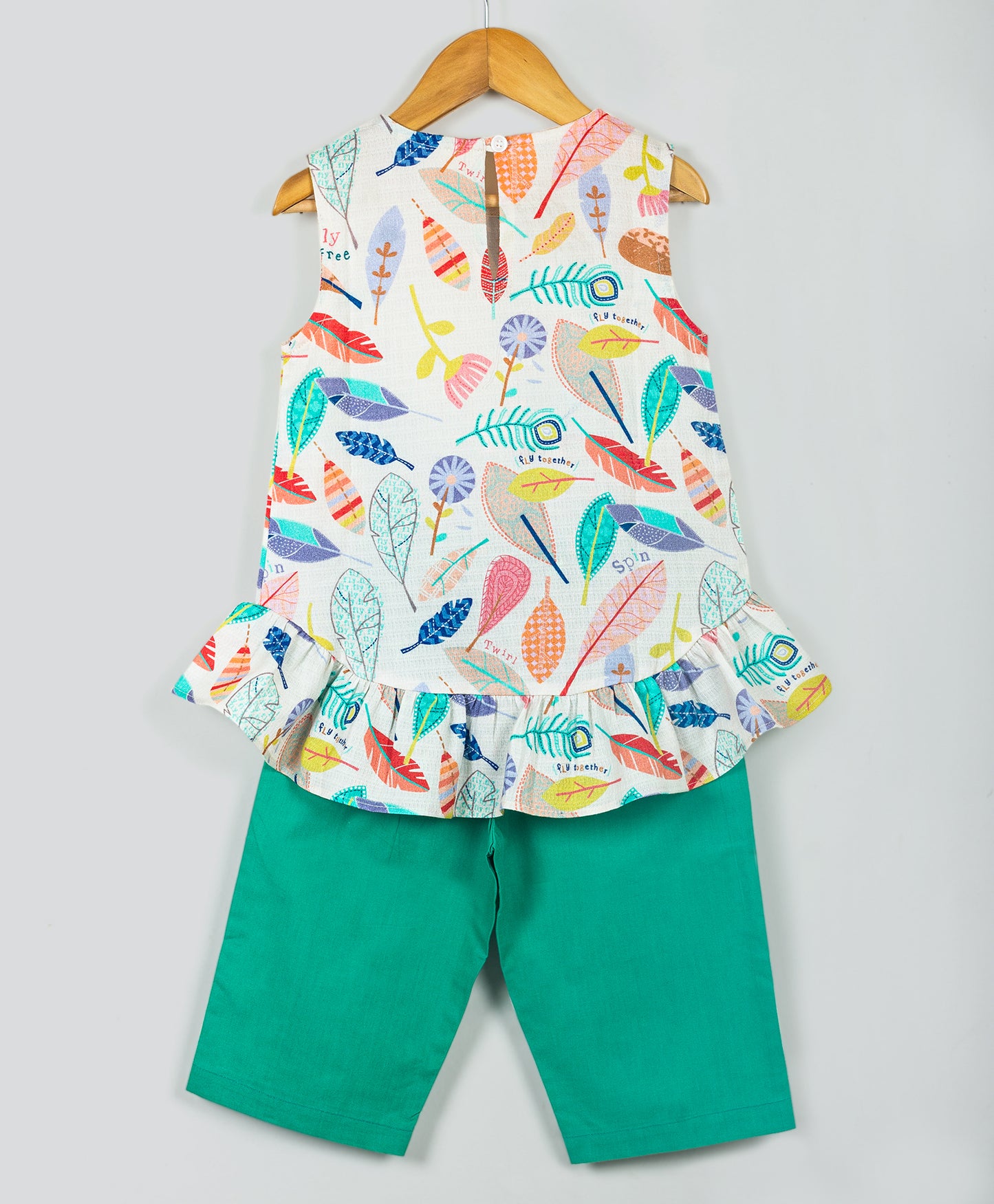 Sleeveless Feathers Print Peplum Top With Palazzo