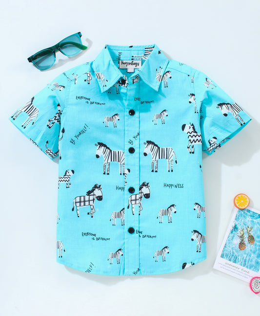 Half Sleeves Zebra Print Shirt - Blue