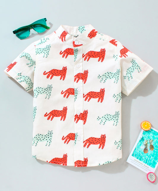 Half Sleeves Leopard Print Shirt - White