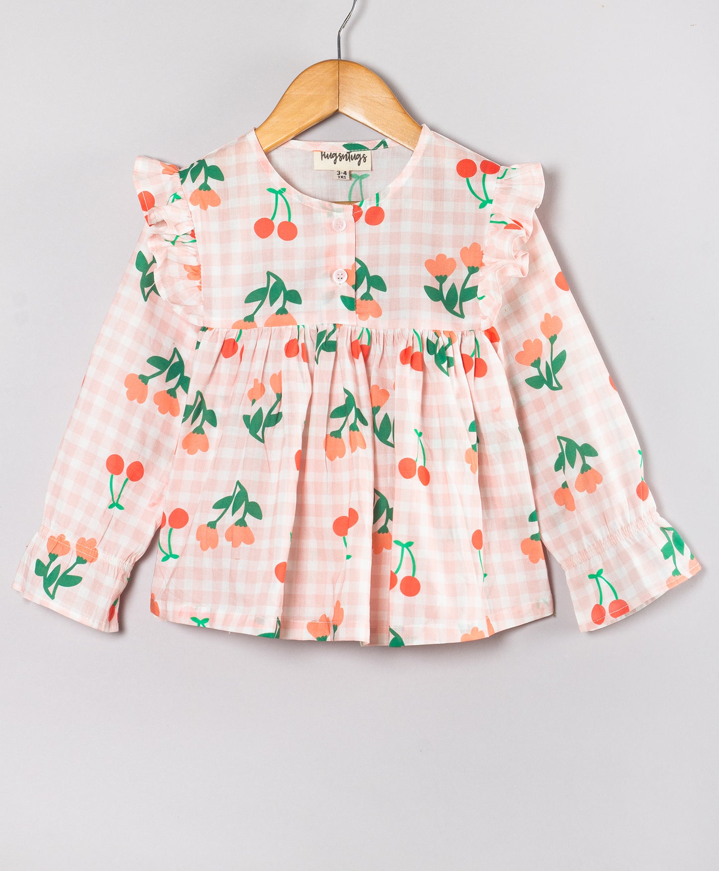 PINK DAISY ON CHECK PRINT FULL SLEEVES TOP