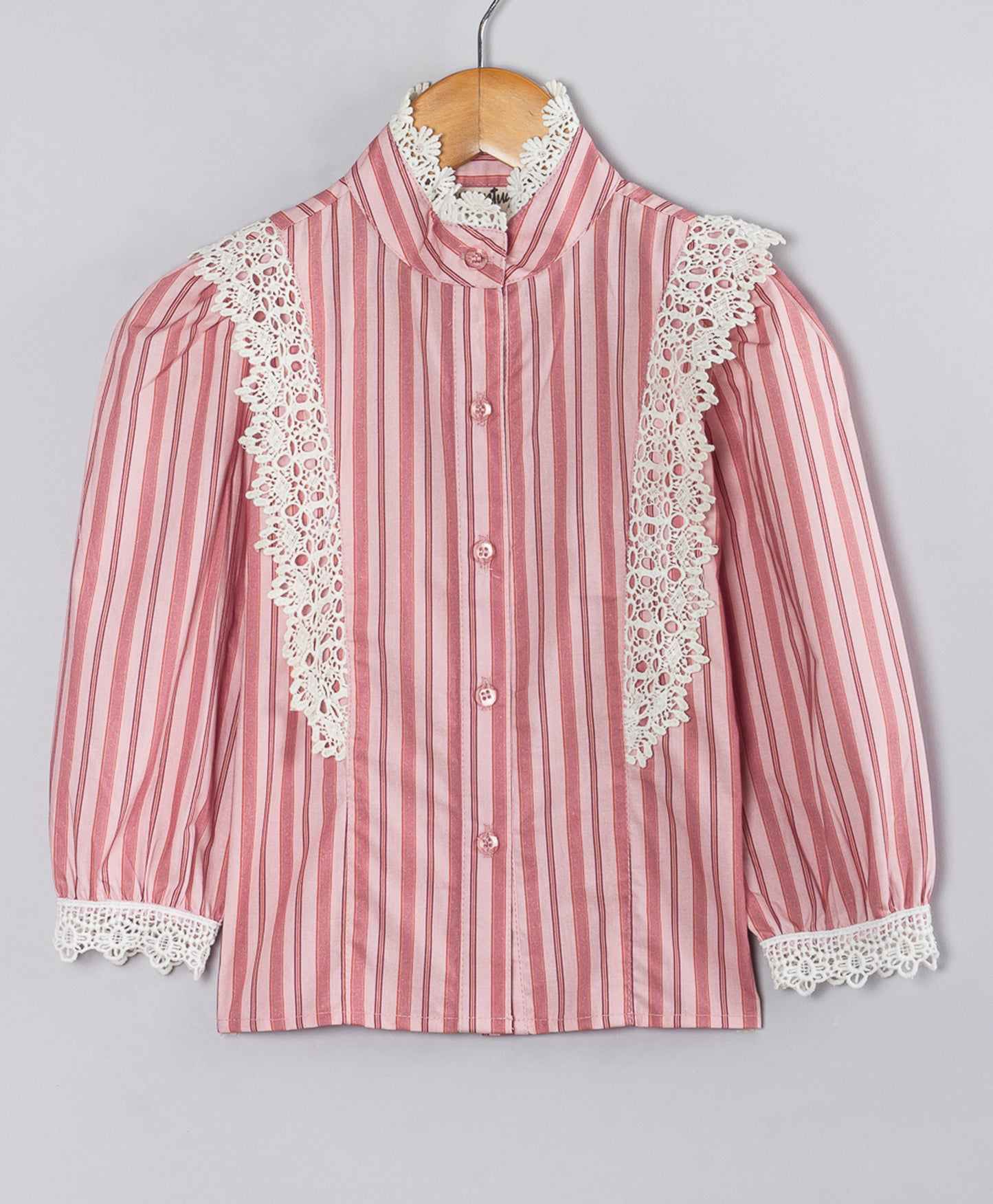 STRIPE PRINT SHIRT WITH CONTRAST LACE TRIM DETAILS