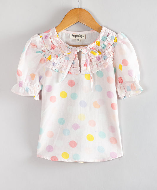 PINK DOT PRINT TOP WITH FRONT RUFFLES