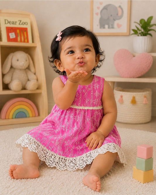 HOT PINK SCHIFFLI EMBROIDERED INFANT DRESS