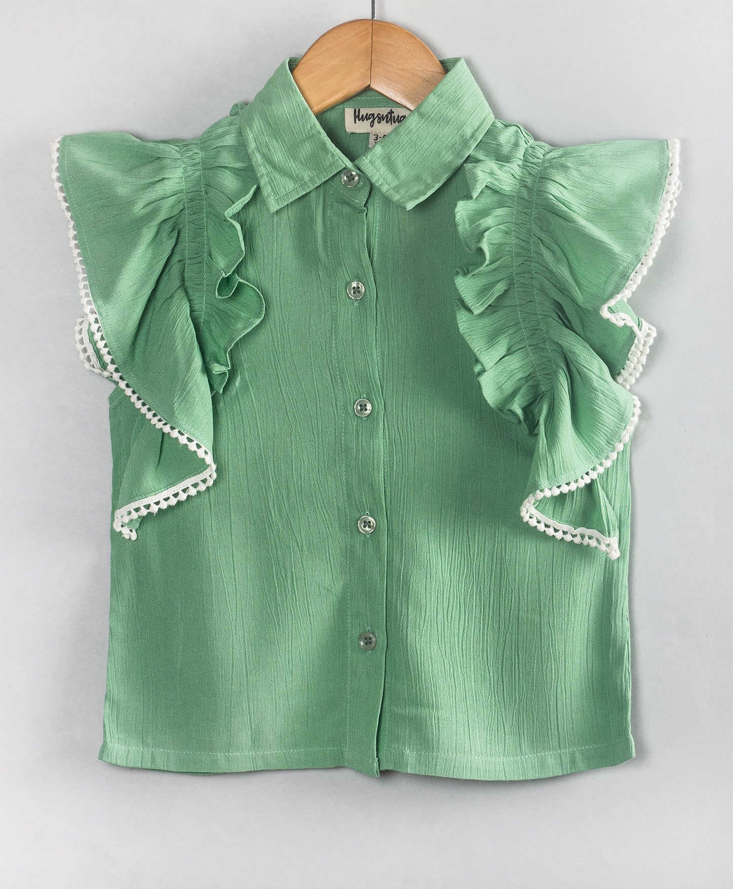 SOLID GREEN BUTTON DOWN SHIRT WITH FRILLS ALONG ARMHOLE