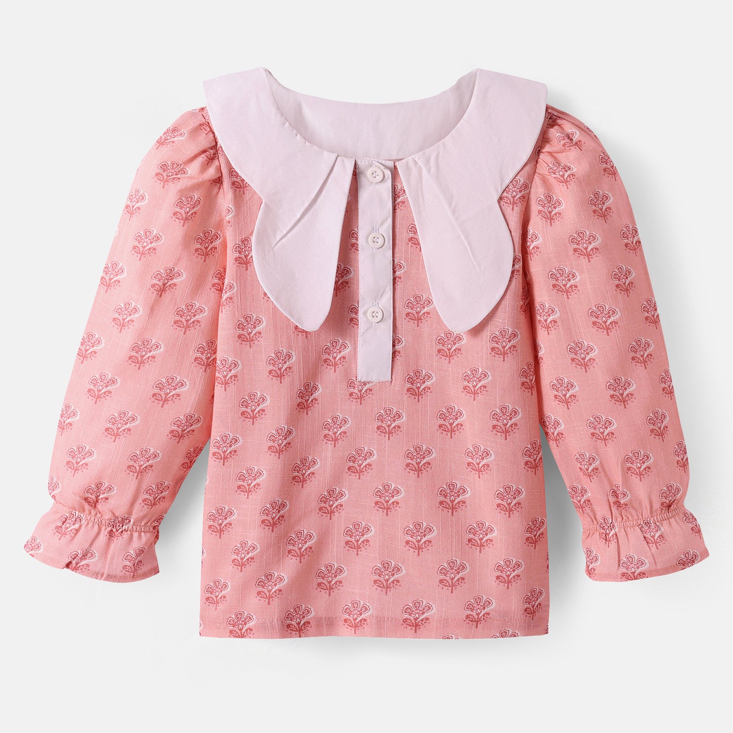 PINK MOTIF PRINT TOP WITH BUTTERFLY COLLARS