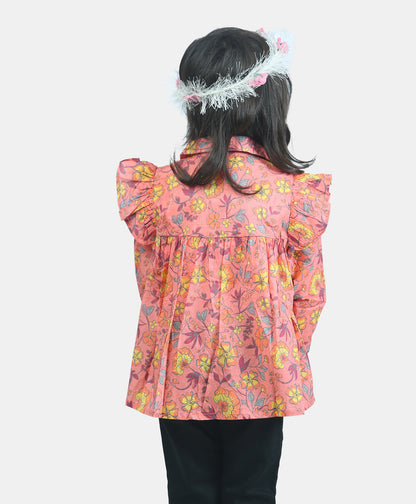 CORAL FLORAL TOP WITH FRILLS AT THE SHOULDER