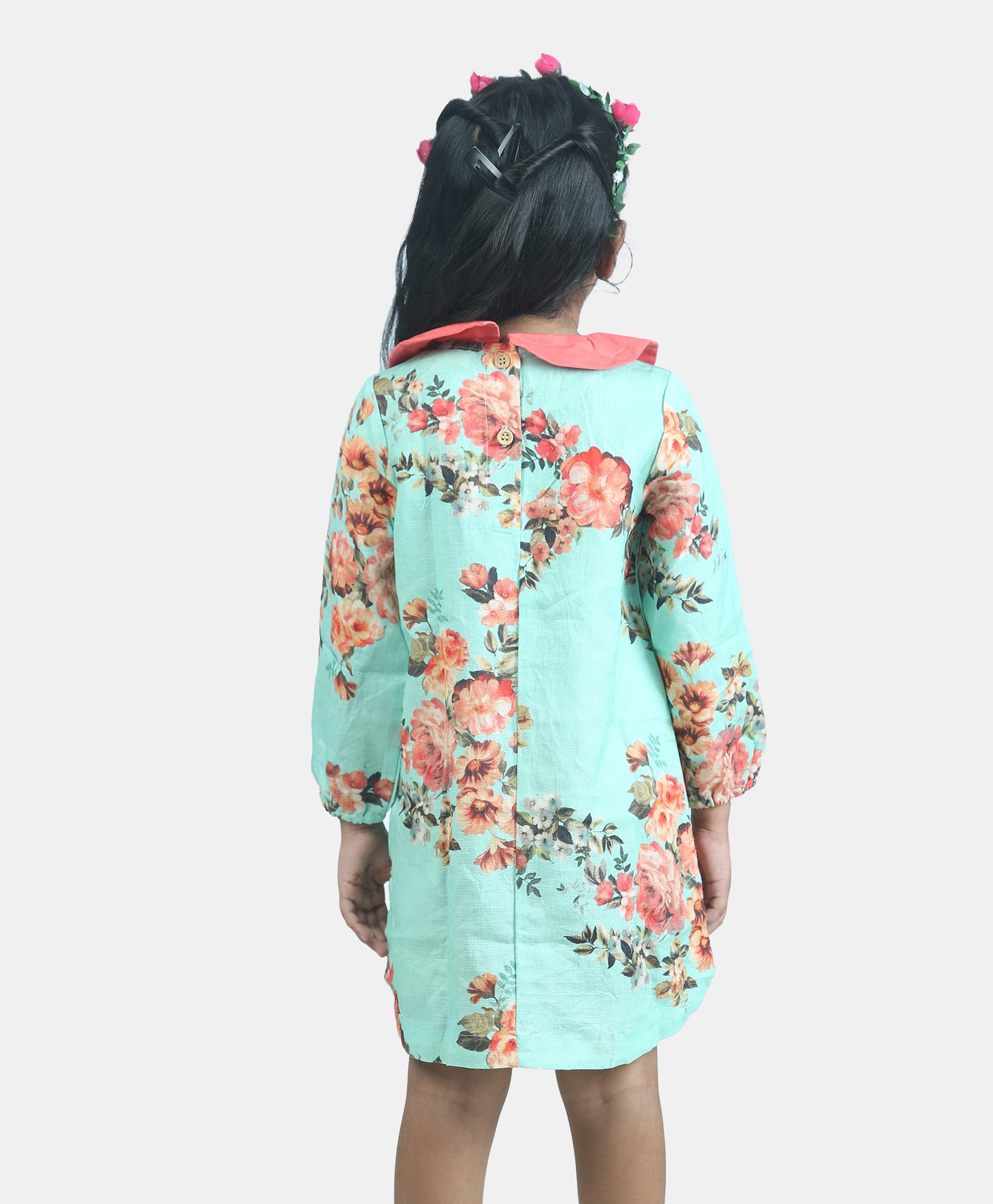 Vintage floral print dress with contrast collar -Green