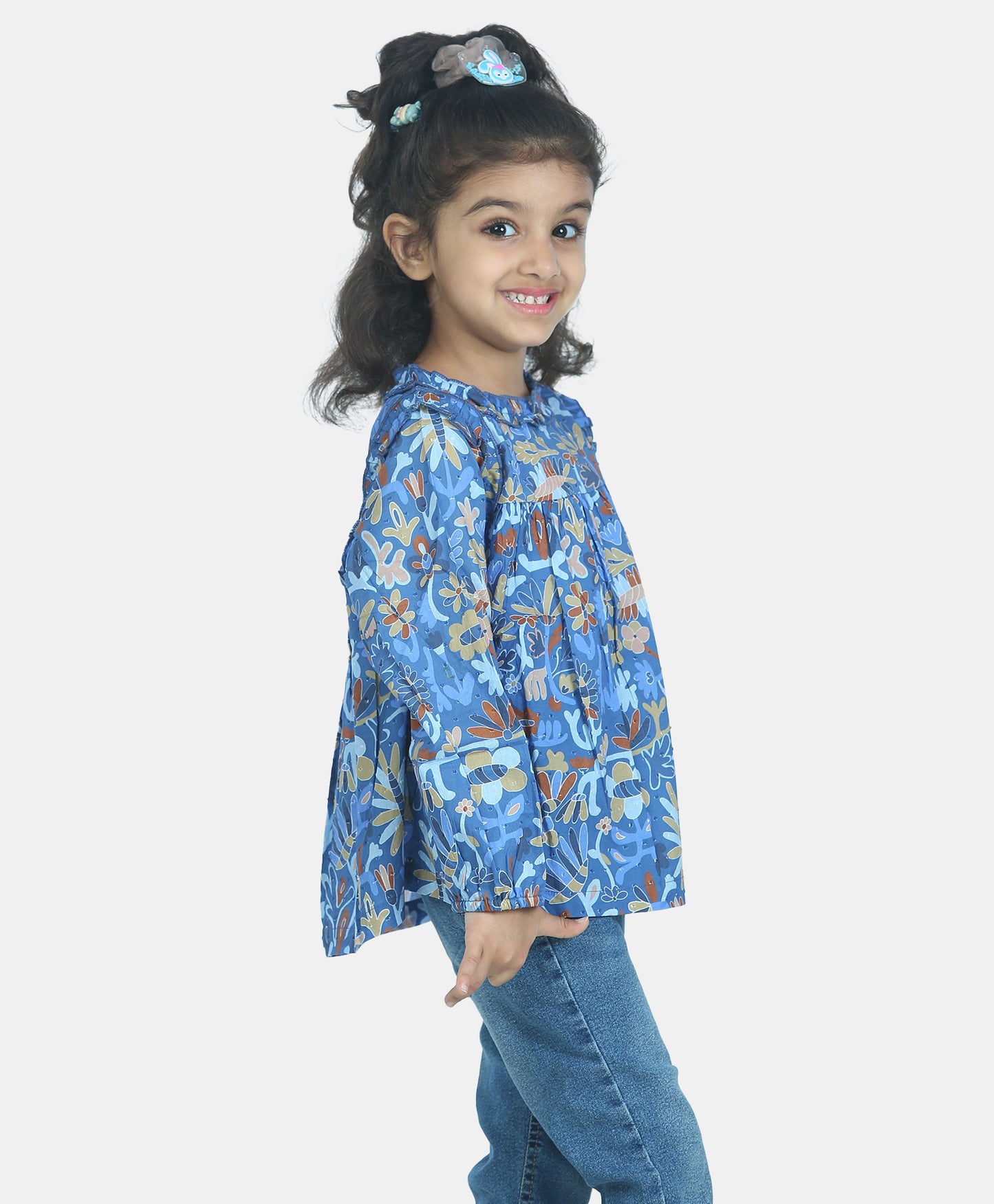 Full Sleeve Seamless Flowers Printed & Swiss Dobby Work Detailed Ruffled Top - Blue