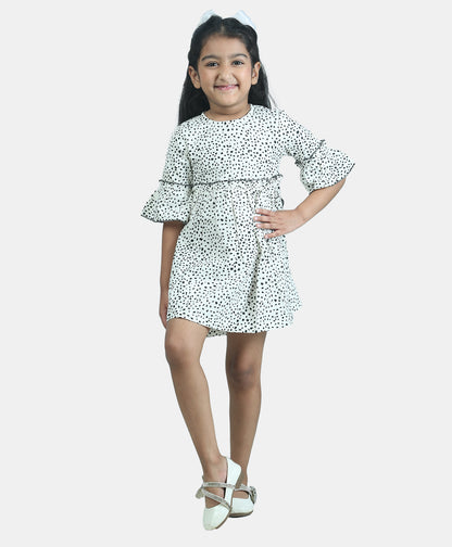 Three Fourth Sleeves Seamless Abstract Printed & Contrast Edge Detailed Ruffled Dress - Black & White