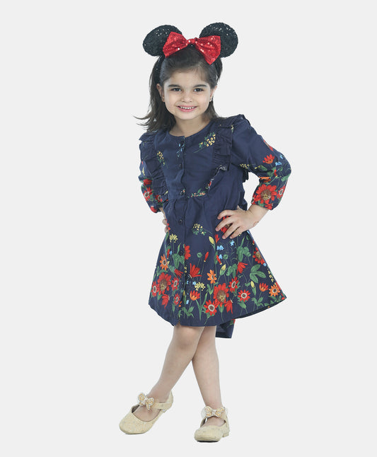 Full Sleeves Garden Flowers Printed & Frill Detailed Fit & Flare Dress - Navy Blue