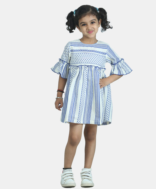 Three Fourth Sleeves Striped Pattern Aztec Bands Designed Fit & Flare Dress - Navy Blue & White