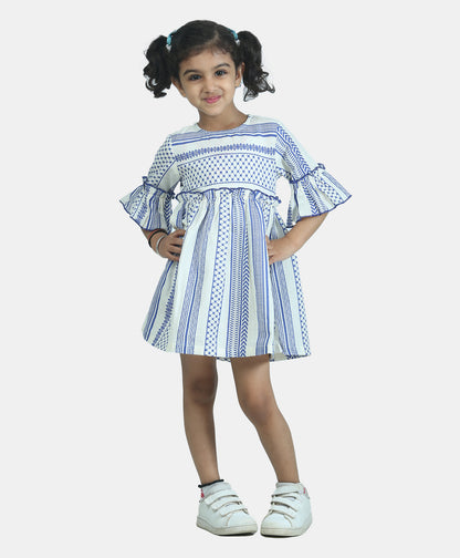 Three Fourth Sleeves Striped Pattern Aztec Bands Designed Fit & Flare Dress - Navy Blue & White