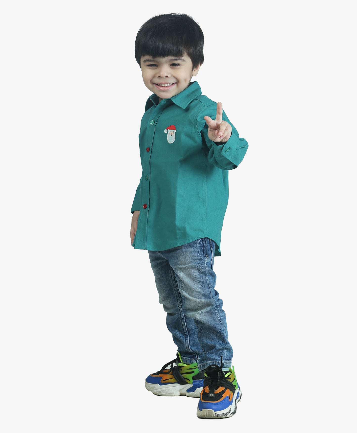 SOLID GREEN SHIRT WITH SANTA EMB. PATCH