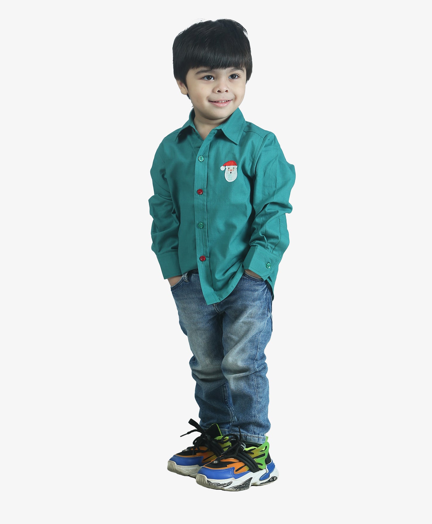 SOLID GREEN SHIRT WITH SANTA EMB. PATCH