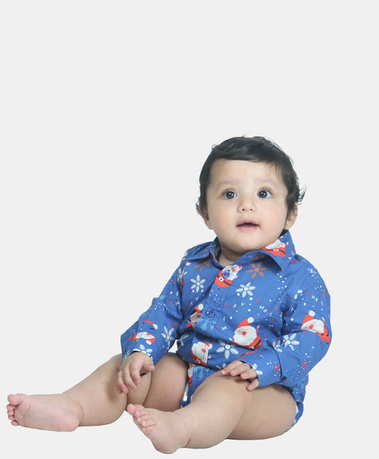 BLUE SANTA PRINT SHIRT ONESIE