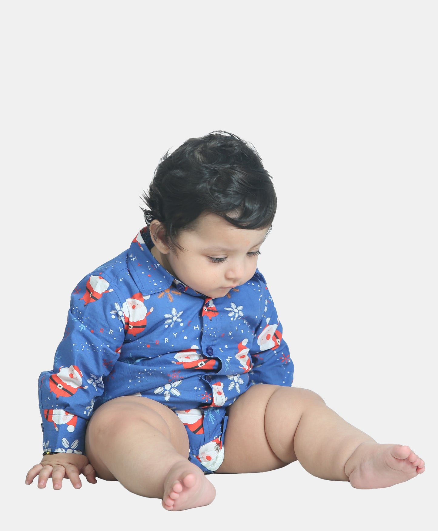 BLUE SANTA PRINT SHIRT ONESIE