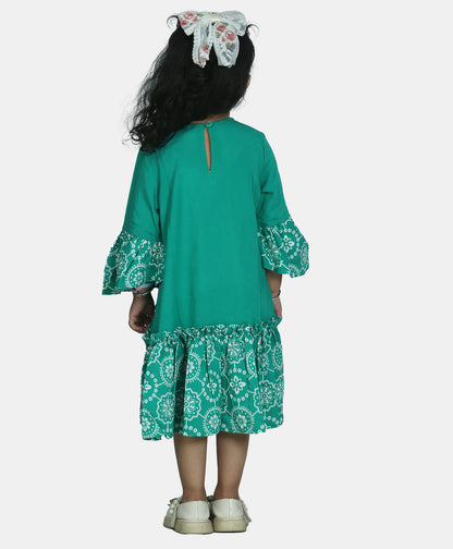 GREEN BELL SLEEVES DRESS WITH PRINTED FRILL AT BOTTOM