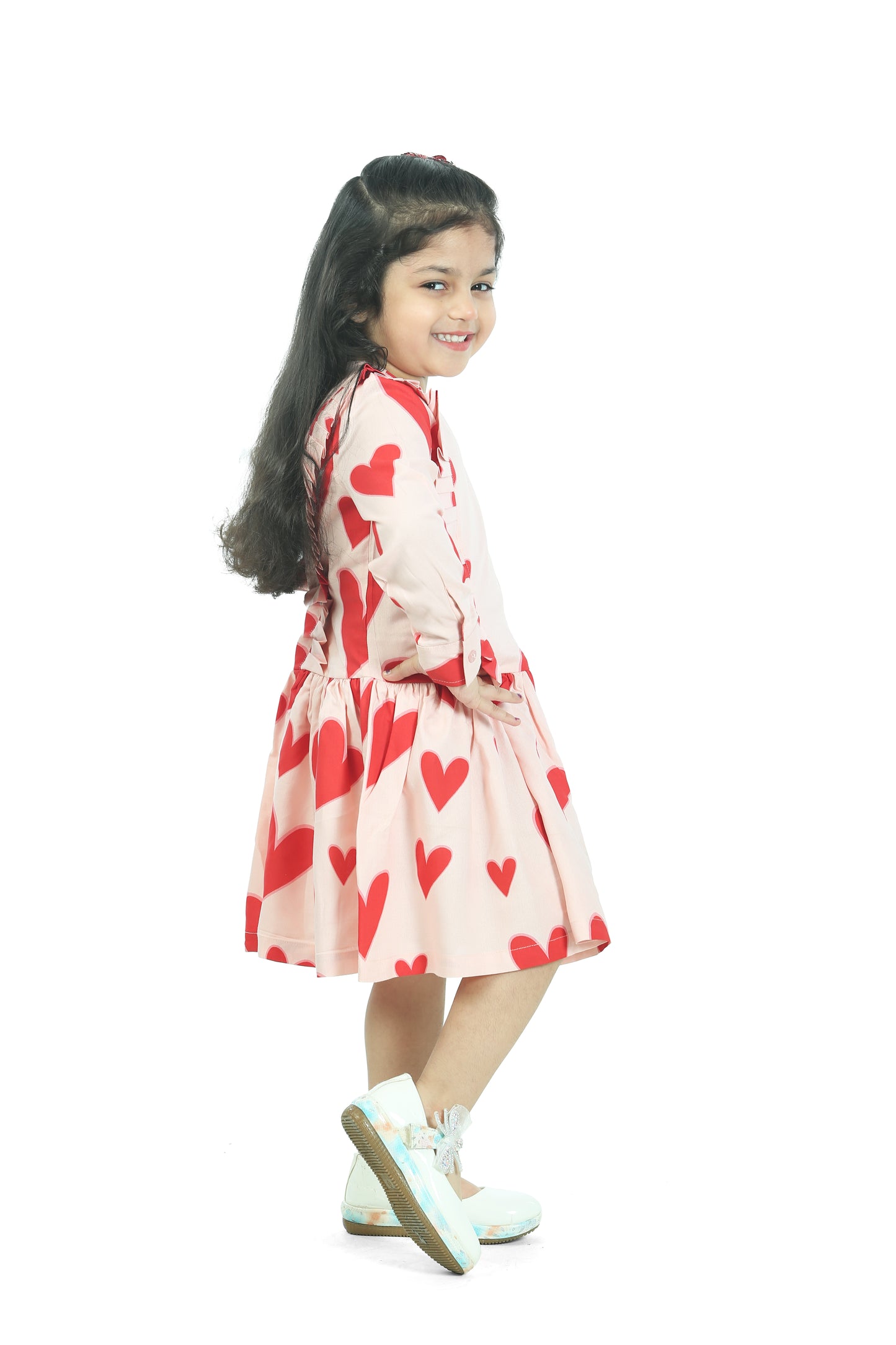 PINK BIG HEART PRINT DRESS WITH FRILLS AT SIDE FRONTS
