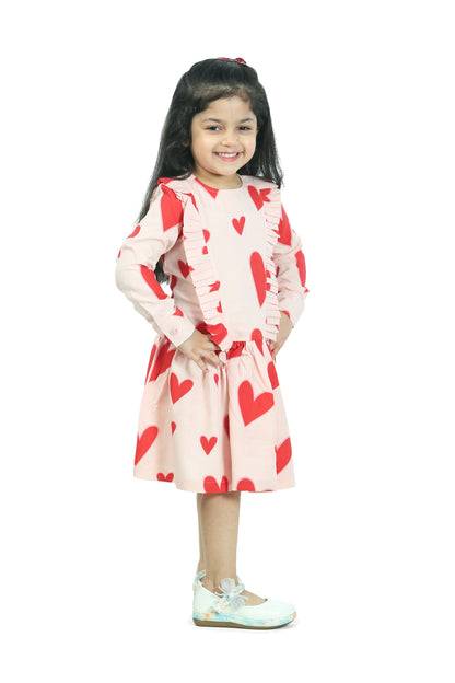 PINK BIG HEART PRINT DRESS WITH FRILLS AT SIDE FRONTS