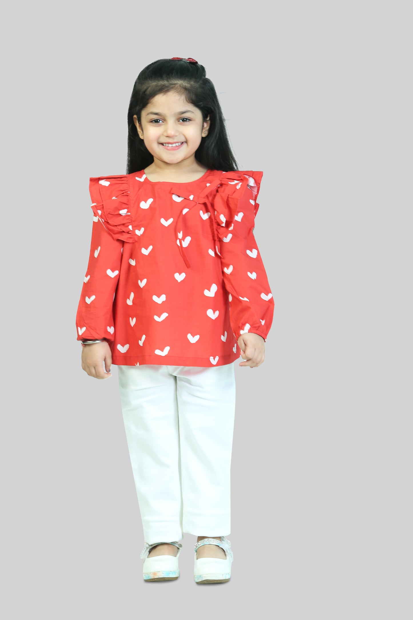 RED HEART PRINT TOP WITH SELF TIE UP AT NECK