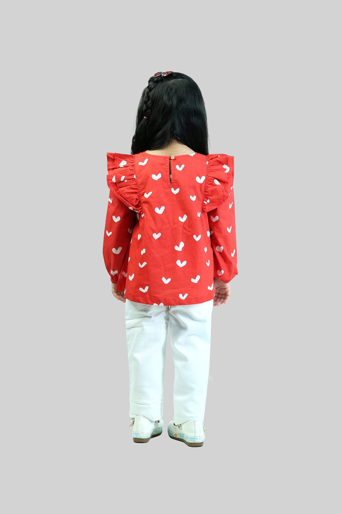 RED HEART PRINT TOP WITH SELF TIE UP AT NECK