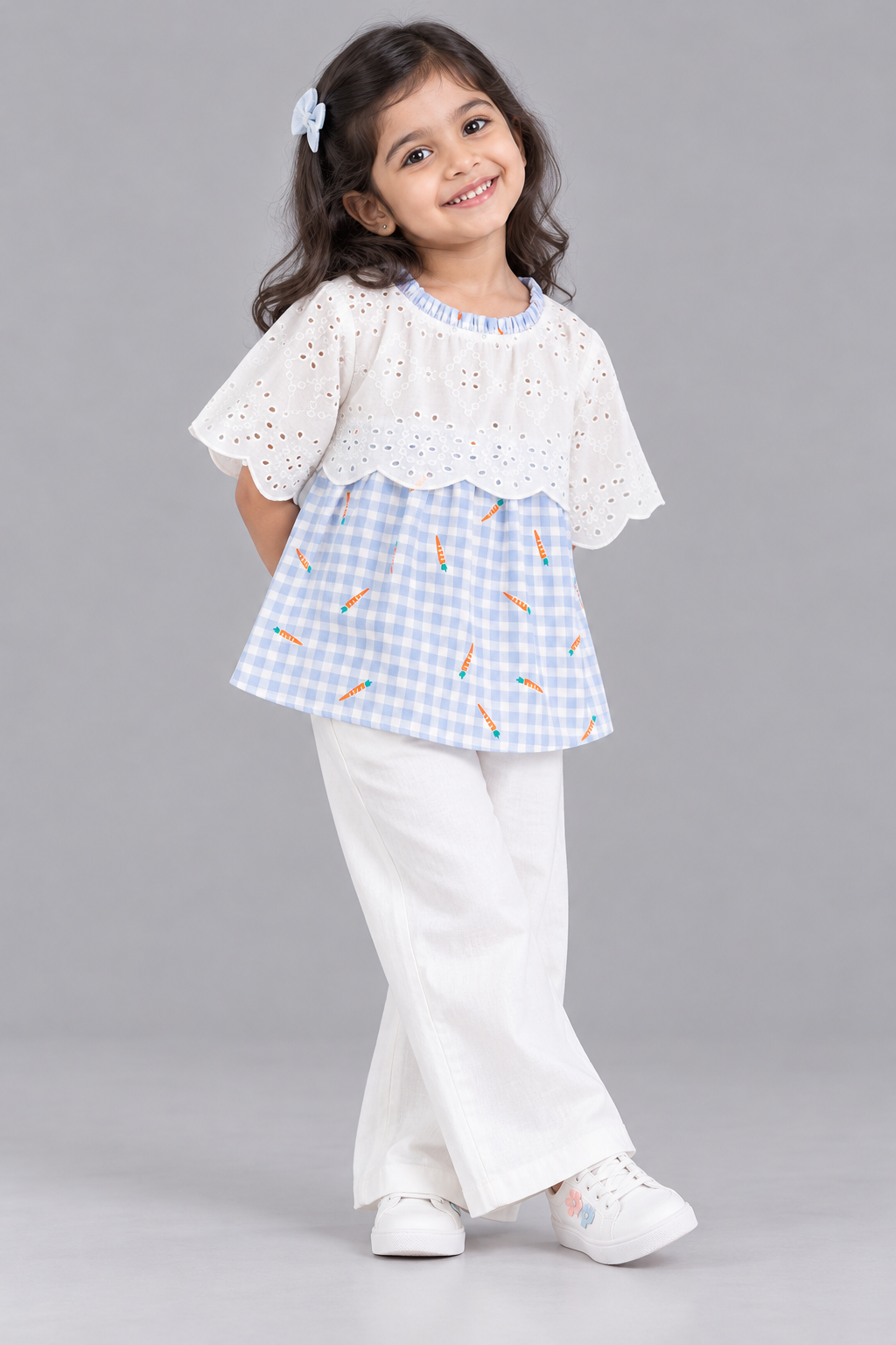 BLUE CHECK TOP WITH SCHIFLI OVERLAY YOKE AND SLEEVES