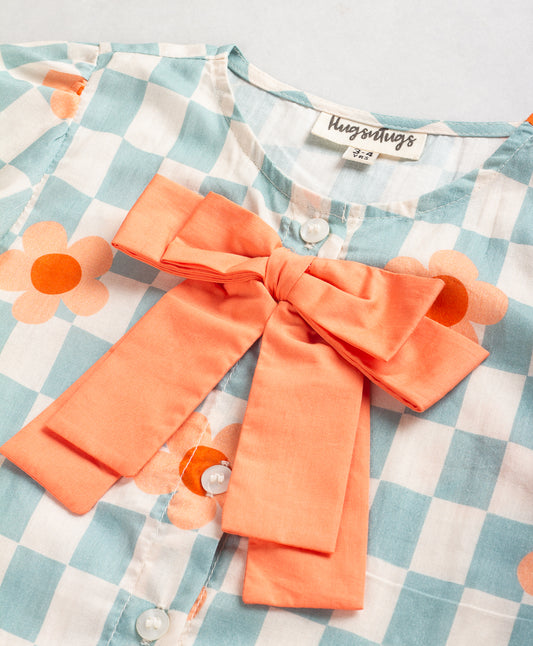 Checked & Floral Printed Bow Applique Detailed Shirt Style Top - Blue