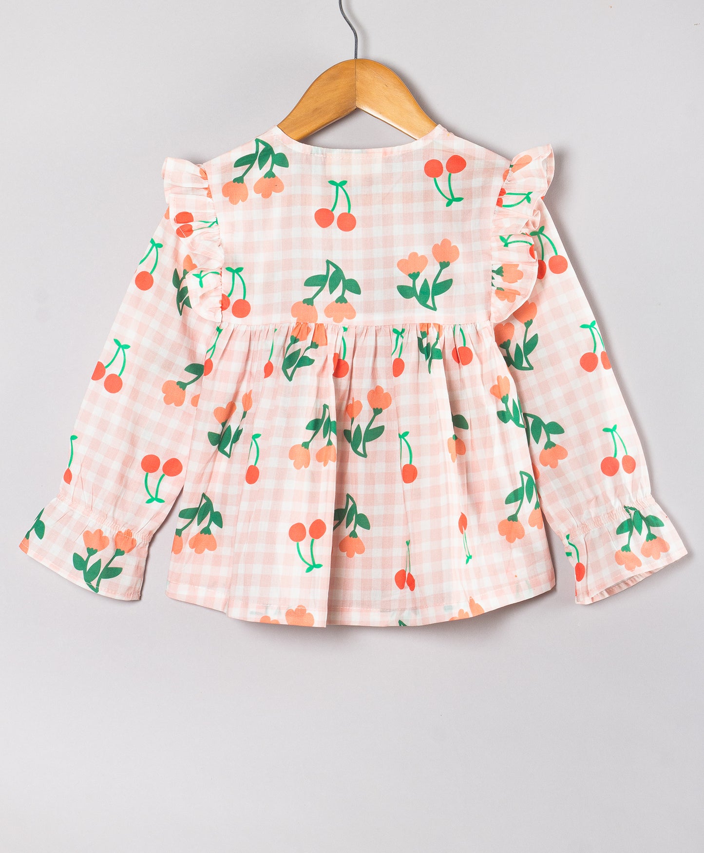 PINK DAISY ON CHECK PRINT FULL SLEEVES TOP