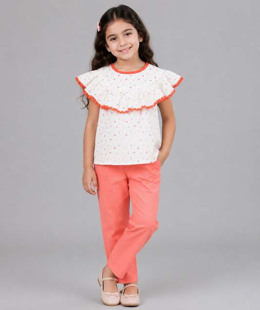 WHITE TOP WITH CUTE HEART PRINT WITH CONTRAST LACE