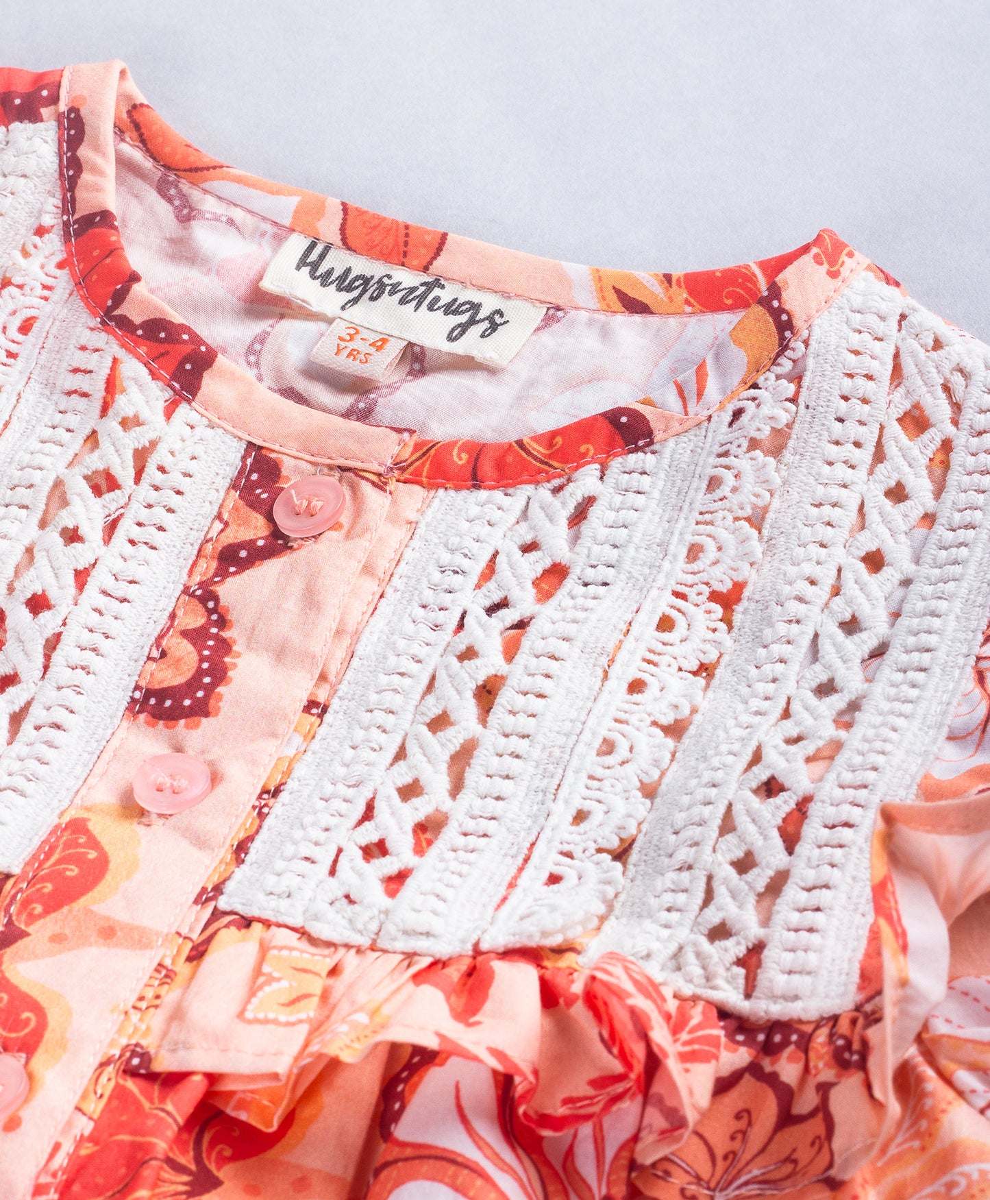 ORANGE FLORAL PRINT TOP WITH WHITE LACE APPLIQUÉD AT YOKE