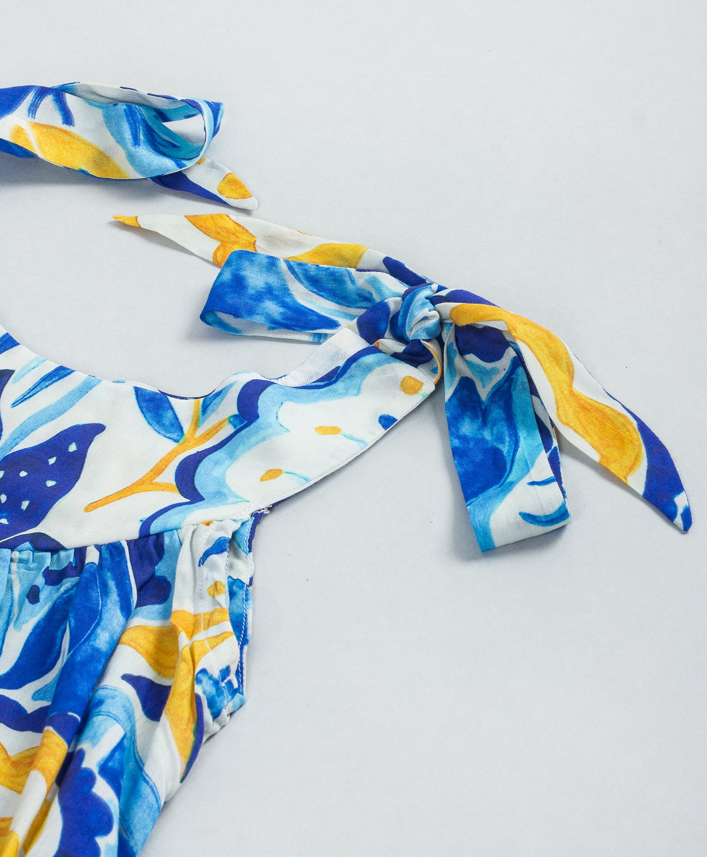 BLUE AQUA PRINT DRESS WITH SHOULDER TIE UPS