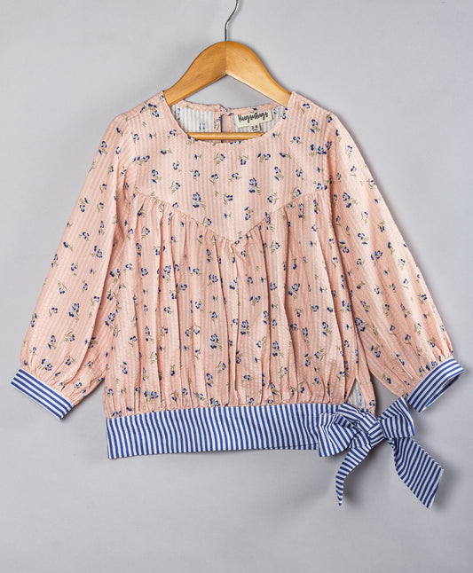 PEACH DITSY PRINT TOP WITH STRIPED TIE UP AT BOTTOM