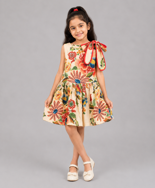 ECRU FLORAL DRESS WITH ONE SHOULDER TIE UP