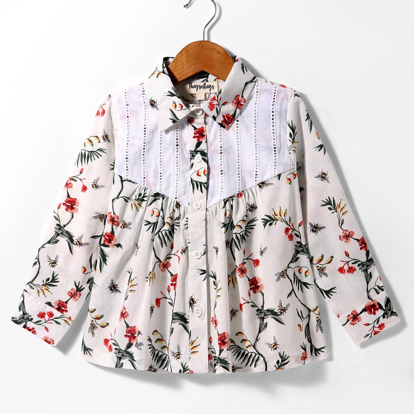 WHITE FLORAL PRINT TOP WITH SCHIFFLI INSERT AT YOKE