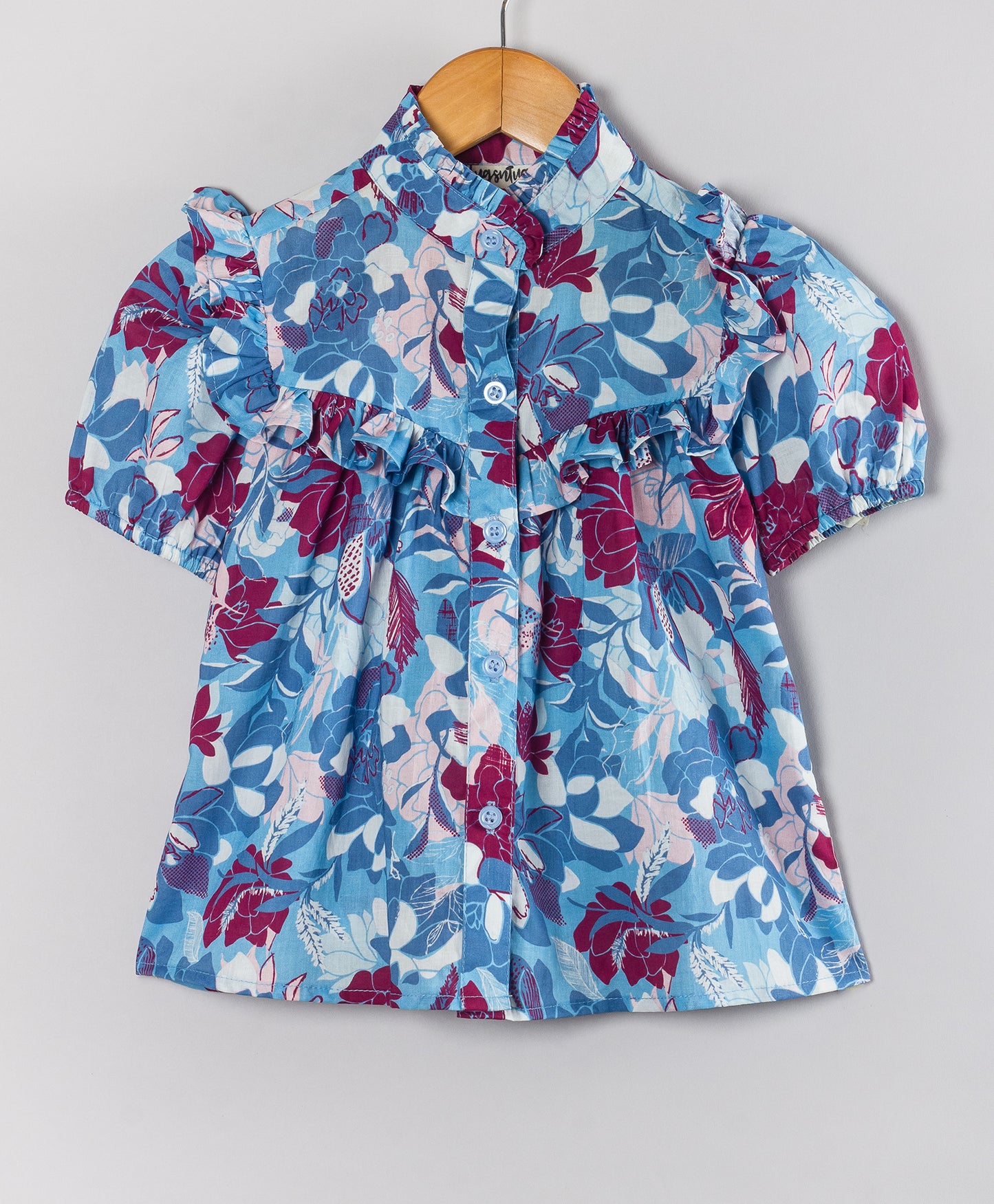 Blue Floral Printed Shirt Style Top